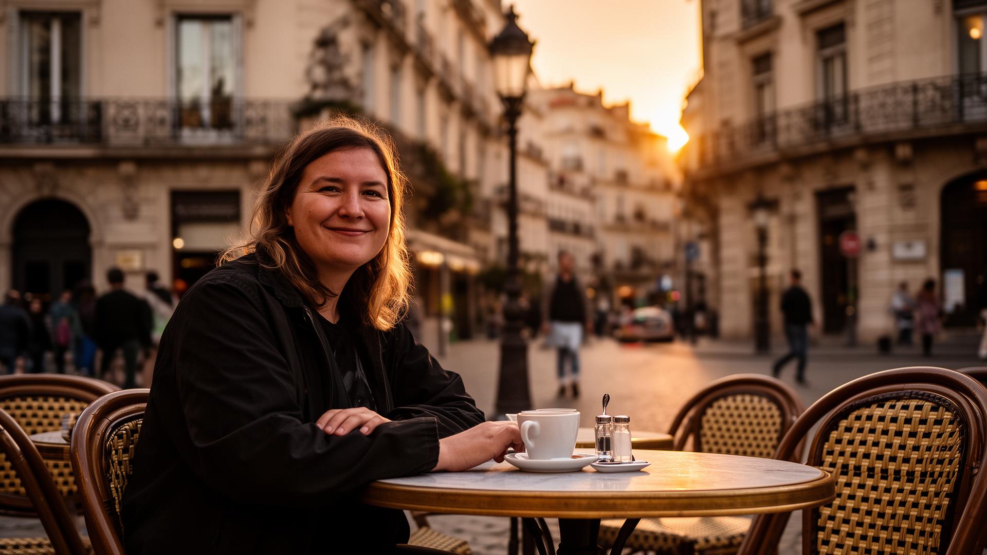 Viajante em café de rua europeu ao entardecer